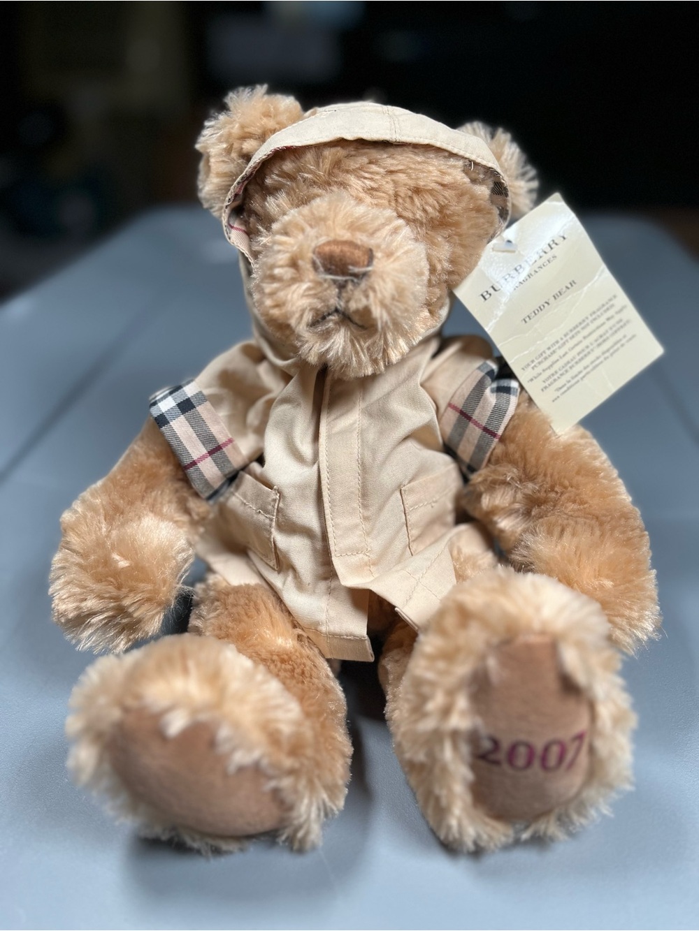 Burberry Beige Plush Teddy Bear with Trench Hood and Plaid Accents